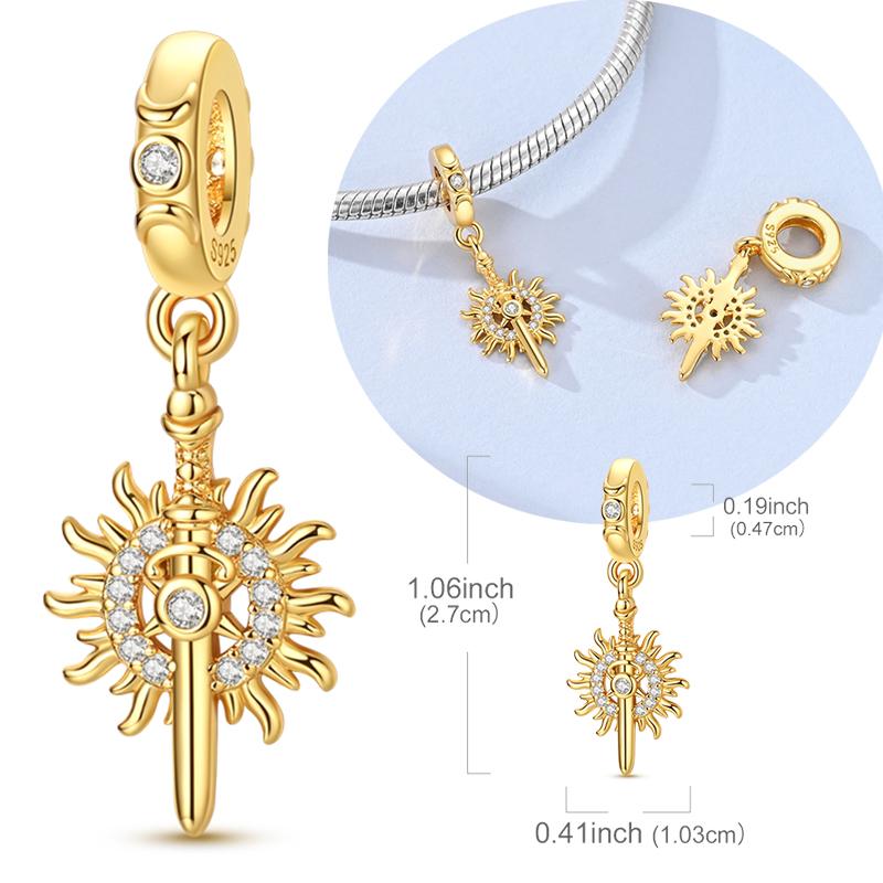 Original 925 Sterling Silver Bead Charm Zircon Gold Sun Sword Pendant Fit Original Bracelet Necklace For Women DIY Jewelry Gift