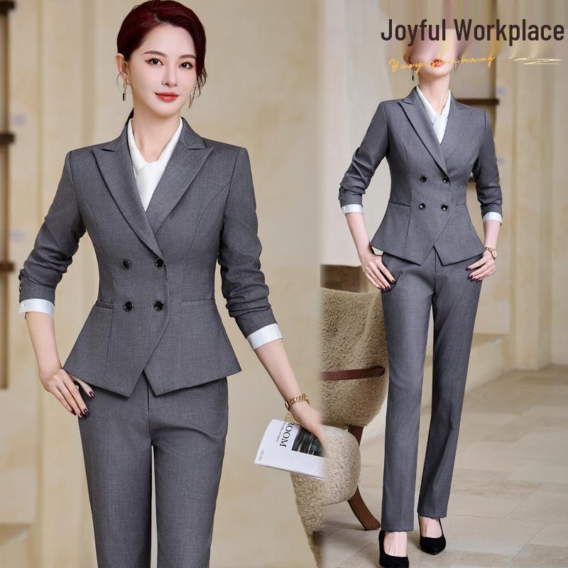 

Women s Gray Pinstripe Short-Sleeve Suit Set - 2025 Spring Korean Style Professional Workwear XXXXL