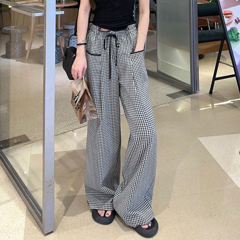 

Женские брюки модные темпераментные клетчатые с деревянными ушками и эластичным поясом с длинными карманами прямые повседневные брюки M