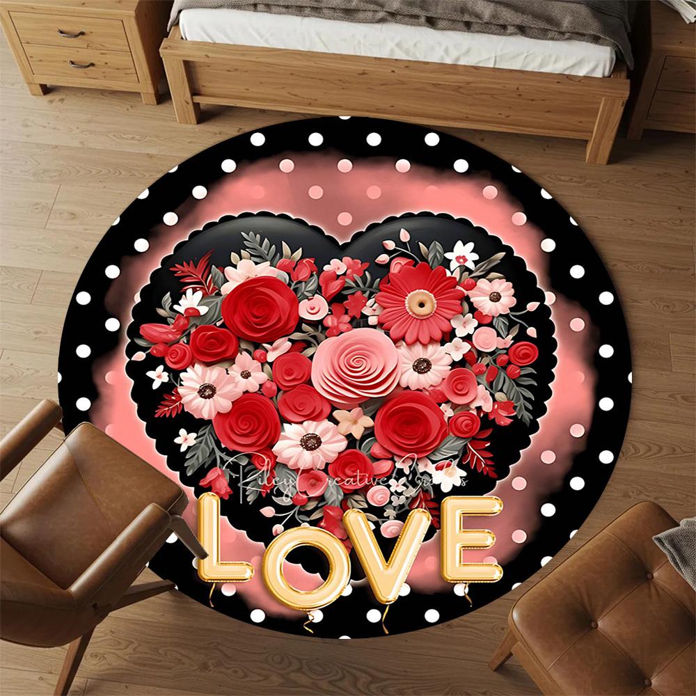 1pc Floral Love Round Chair Mat Area Rug - Non-Slip, Floor Mat for Office, Bedroom, and Indoor Decor -1002239