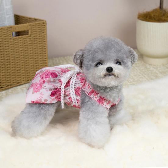 Dog Princess Dress with Floral Pattern Ruffle Sleeveless Puppy Summer Dress with Lace Bow Elastic Breathable Pet Clothes for Small Dogs Cats