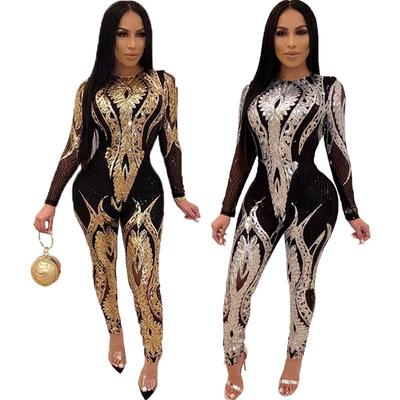 Sequin High-End Women's Long-Sleeve See-Through Jumpsuit