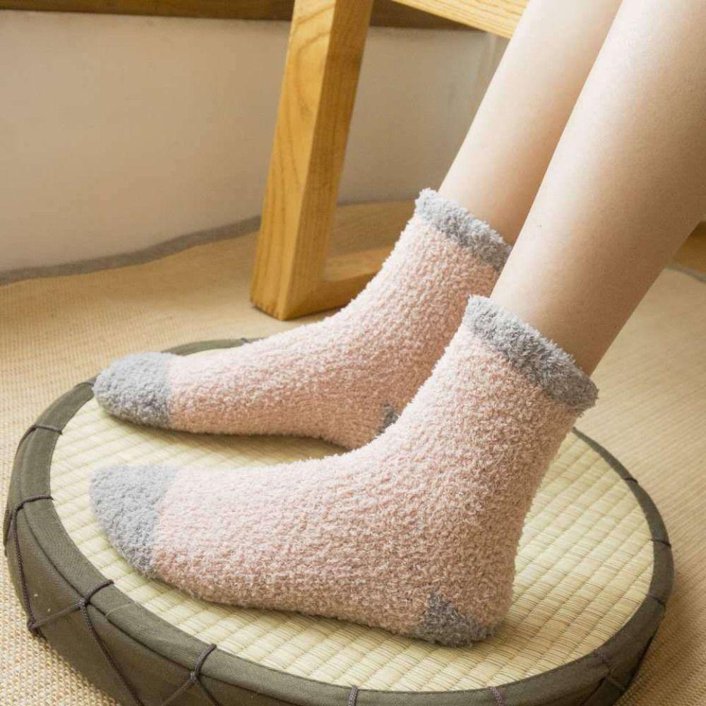 5Pairs Thickened Floor Plush Socks Patchwork Warm Boat Socks Women Coral Fleece Socks  Autumn