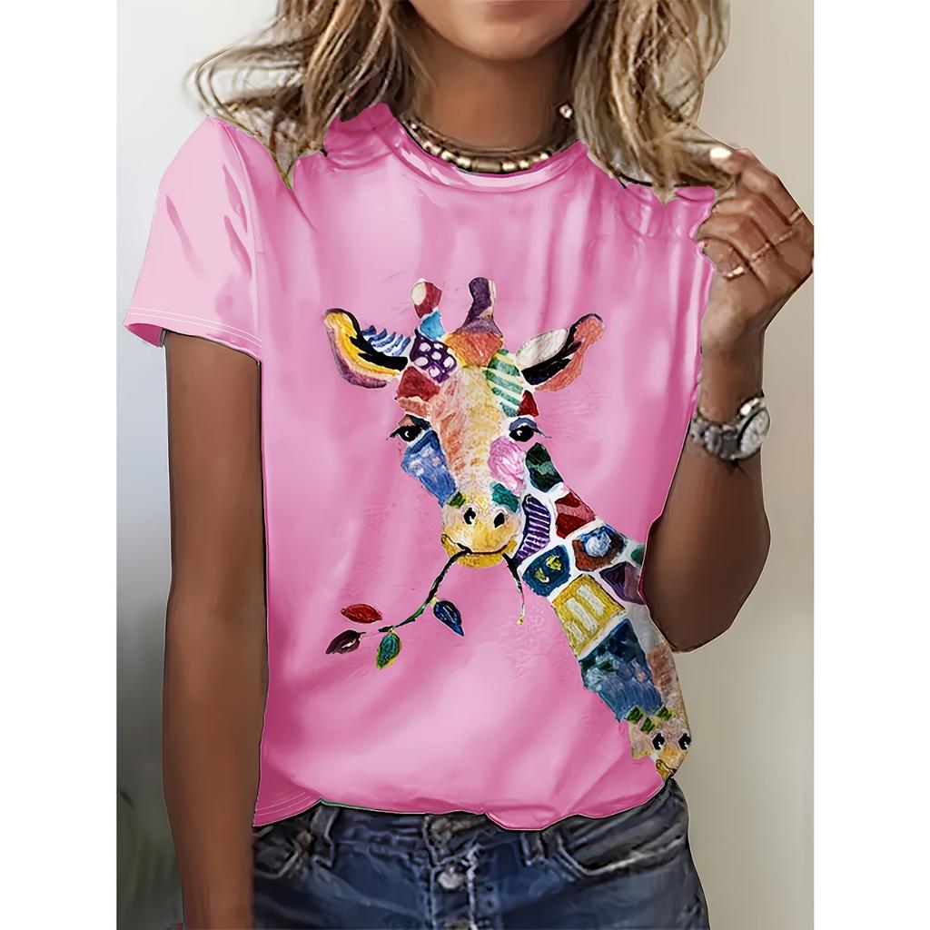 Crew Neck Short Sleeve Watercolor Giraffe Floral Print T Shirt Women's Outfits Casual Daily Wear Summer Lady Clothes