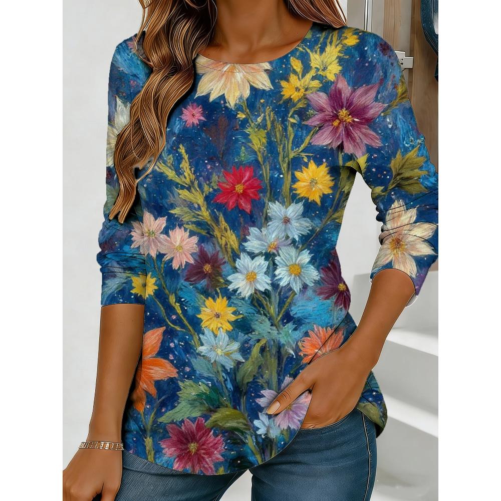 Flower Printing Versatile Comfortable Long Sleeve Fashion Loose Pullovers Long Sleeves Women’s