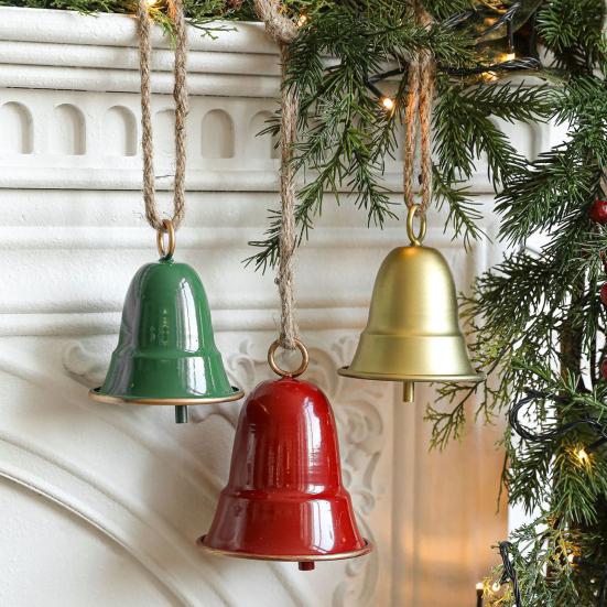 Yousheng Rustic Metal Christmas Bell Large Red Green Golden Jingle Bell Christmas Tree Hanging Decor Vintage Handmade Wind Chime for Tree Wreath Door