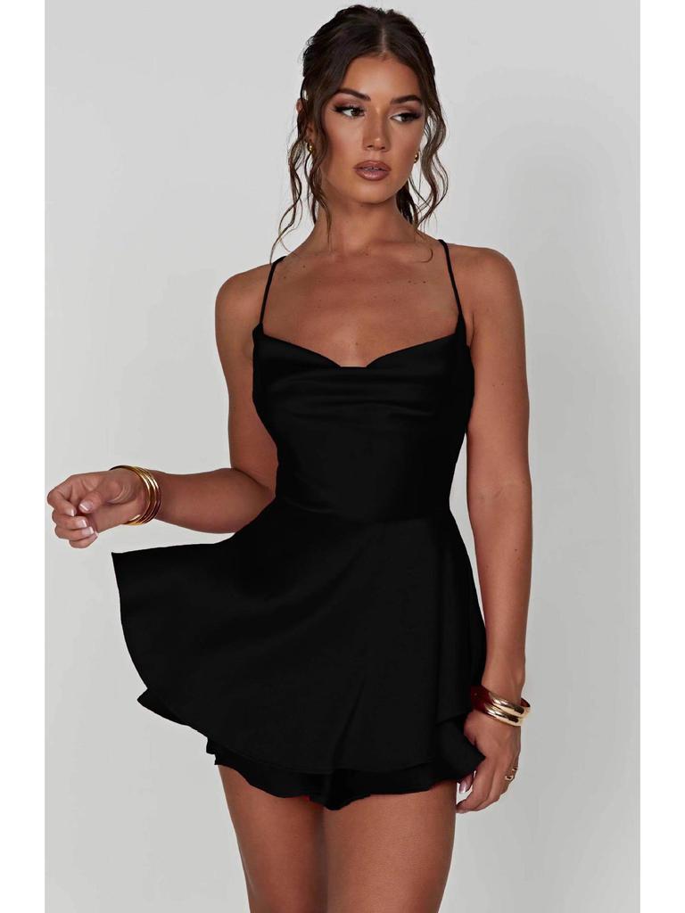 2025 Summer Sexy Pleated Backless Satin Camisole Dress for Women