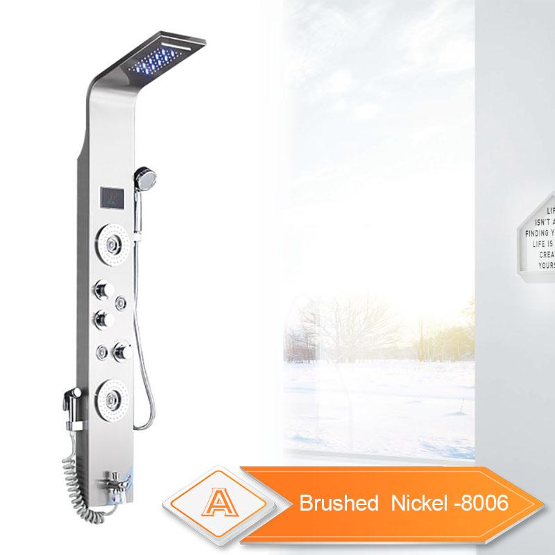 LED Light Bathroom Shower Panel Intelligent LCD Shower Column System with 6 Modes Rain Waterfall Massage Jet Bath Mixer Tap Brushed Nickel 8006