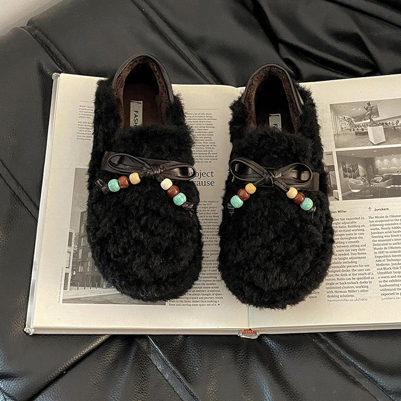 Fashion retro style beaded bow splicing Mao Mao single shoes women's winter 2025 new temperament outer wear cotton shoes