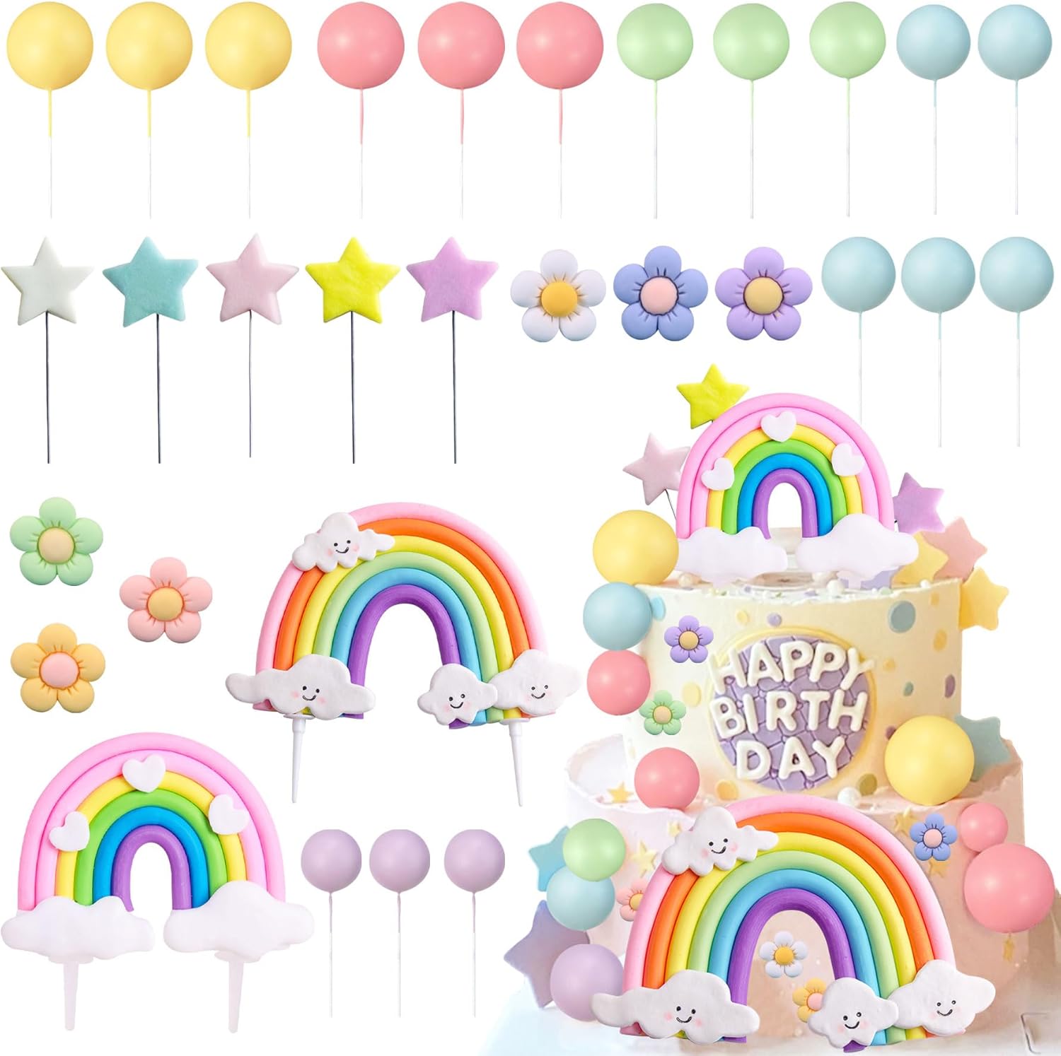 

Rainbow Cake Topper Rainbow Theme Party Supplies Pastel Balls Cake Topper Boho Cake Toppers
