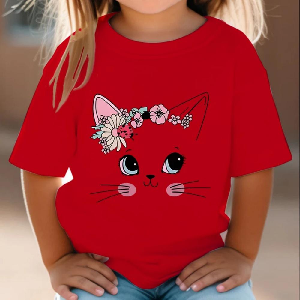 Girl Clothes Cute Floral Cat Pattern Summer Short Sleeve Tops Animal Cartoon Print Tees Fashion O-Neck Loose Children's Clothing