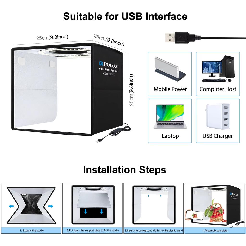 PULUZ PU5027B 25cm Foldable LED Photo Studio Box Built In 3 Color Temperatures Ring Light, with 12 Color Backdrops