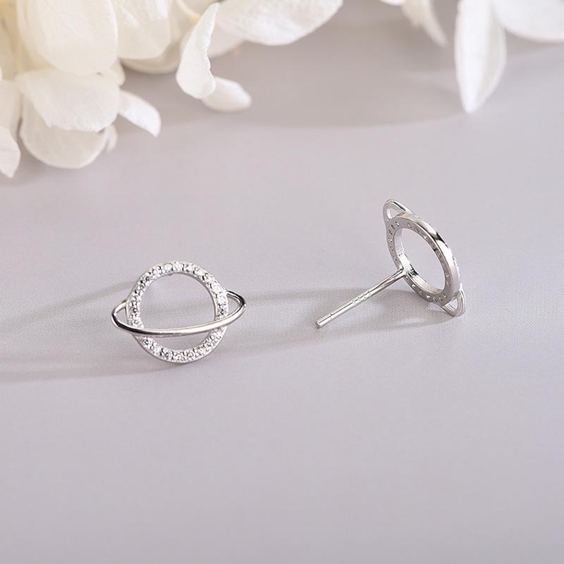 S925 Sterling Silver Diamond Planet Earrings: Trendy Japanese & Korean Style Hollow Universe Design for Women