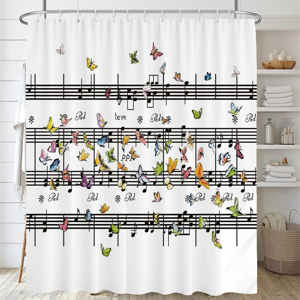 

Music Shower Curtain Printed Modern Nordic Minimalist Art Notes Butterflies Polyster Home Decor Bathroom Curtain With Hooks W60H190(CM)-1 Pcs