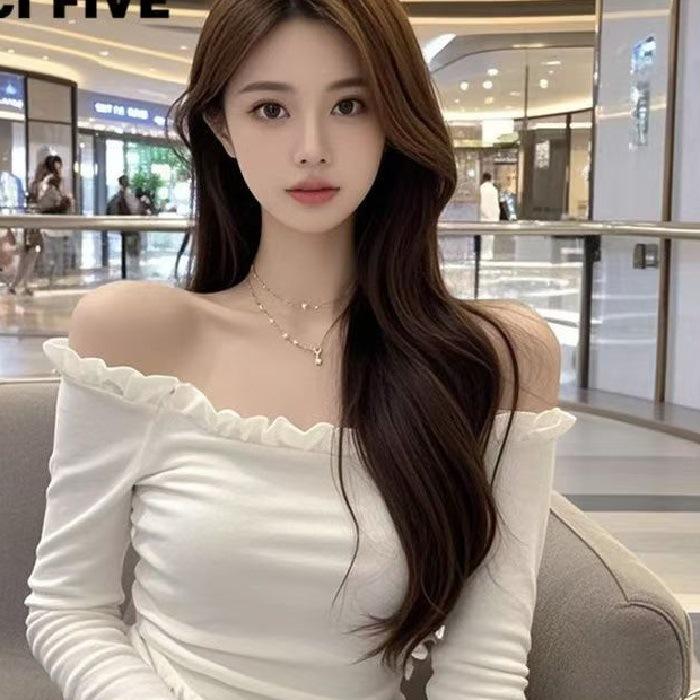 French one-word shoulder short long-sleeved top T-shirt, Spice Girl slim-fitting and thin autumn and winter bottoming shirt