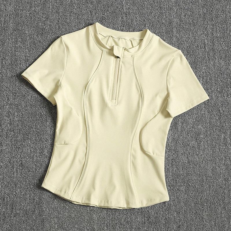 

Женский летний топ для йоги с полумолнией, приталенный, с коротким рукавом, быстросохнущий, для фитнеса XL (Recommended 120-135 Jin) кремовый/жёлтый