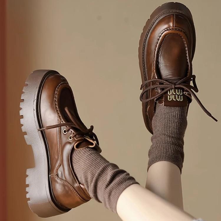 Small Leather Shoes Women's Polished Platform Mumu New 2025 Retro Style Round Head Lace-up Casual Versatile Heightening Loafers
