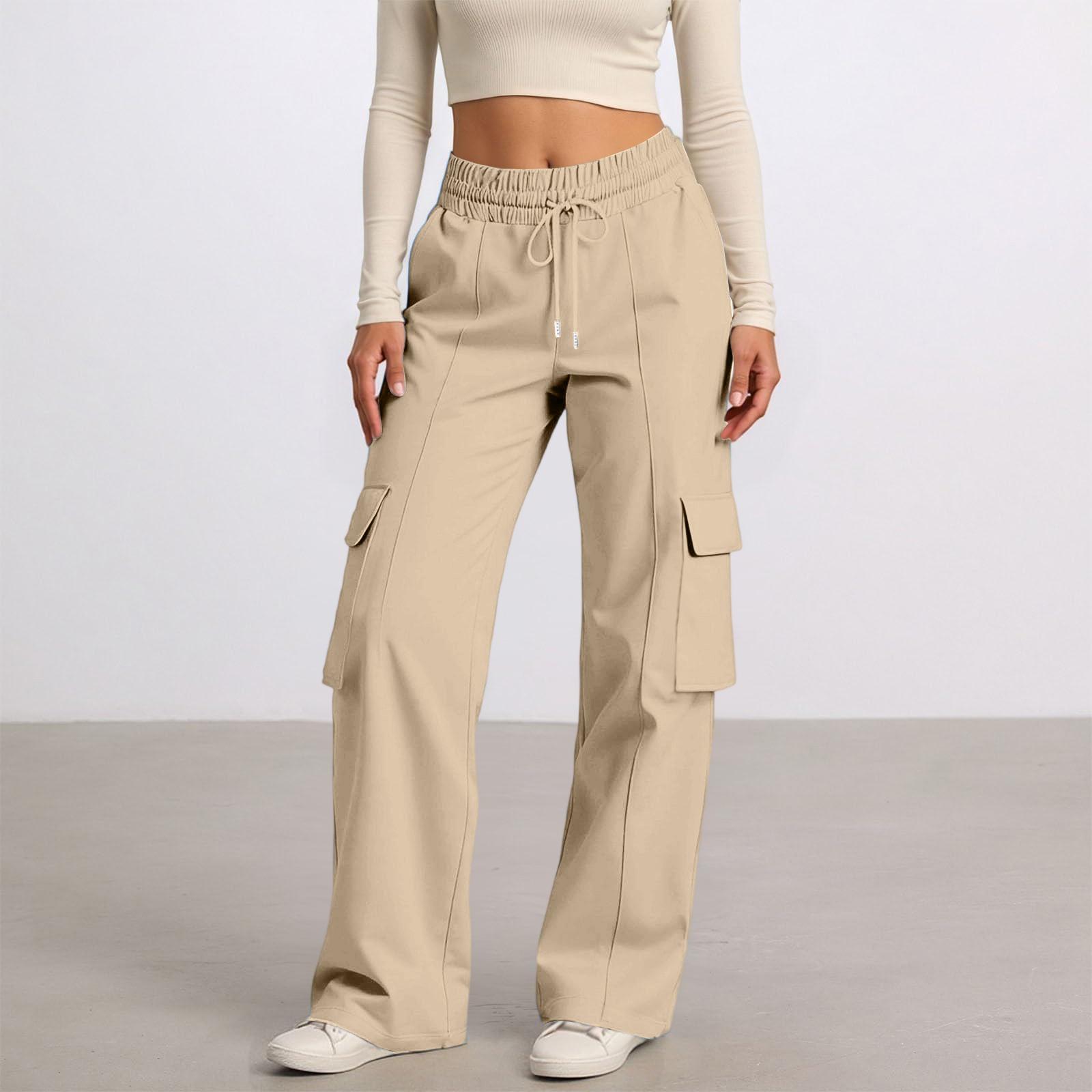 

Женские повседневные модные однотонные брюки с эластичной талией на кулиске, рабочая одежда, широкие брюки с карманами M хаки