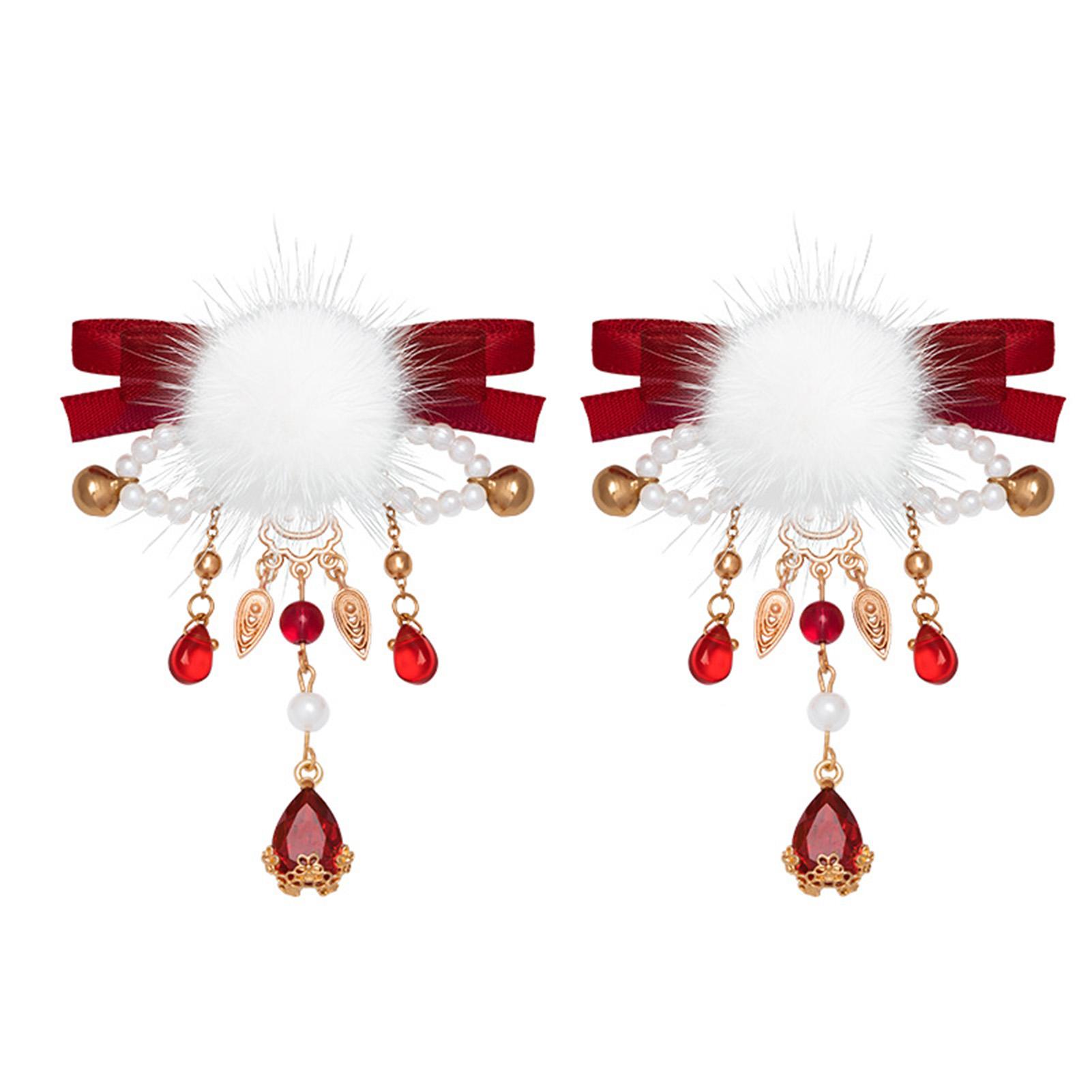 

1 Pair Wine Red Ribbon Hair Clips Set Hair Clips with Fluffy Pom Poms for Women Girls Party Wedding Hair Accessories