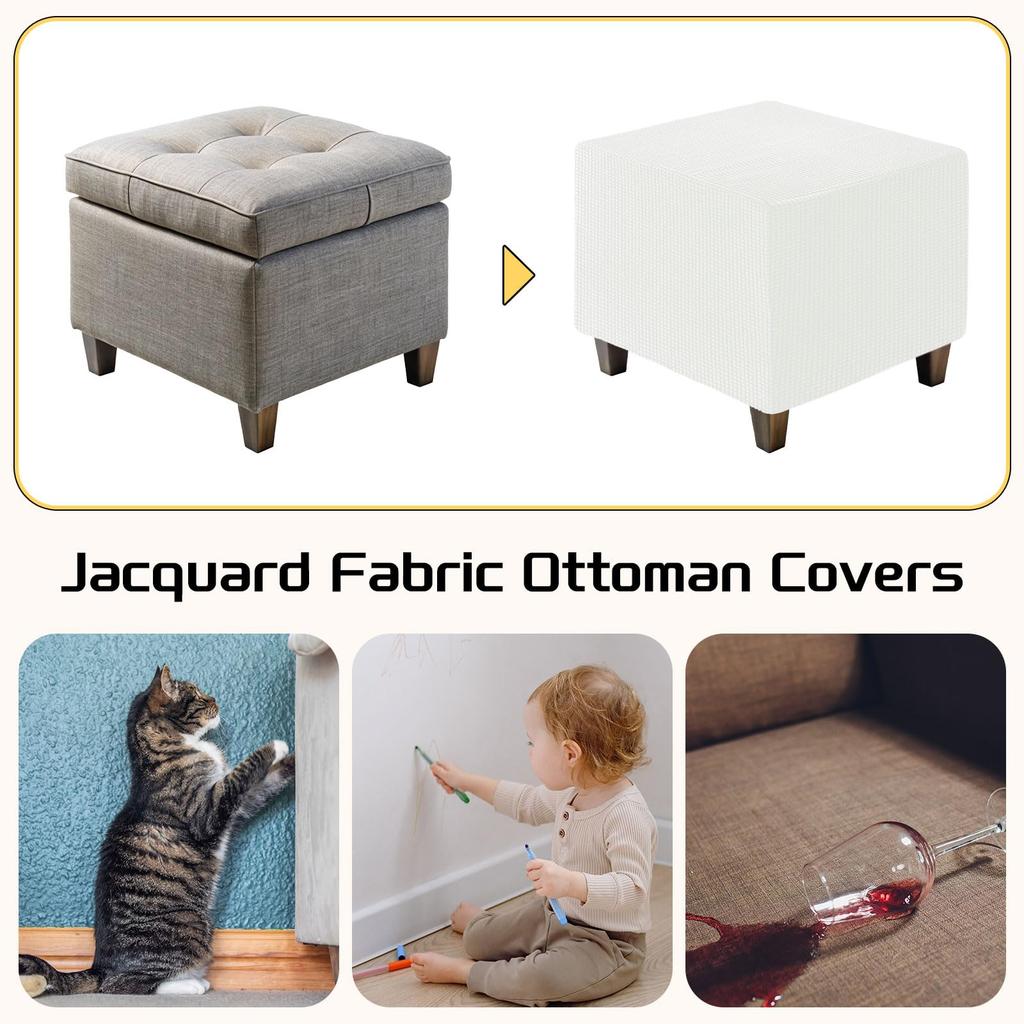 uxcell Square Jacquard Ottoman Slipcover with Elastic Stretch Footrest Stool Cover for Living Room Furniture Protector Small Bottom, (White, Size)