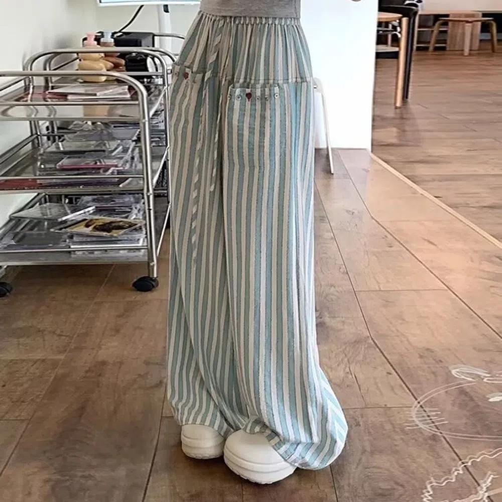 

Chic Wide Leg Pants High Waist Straight Leg Pants Fashion Casual Stripe Long Pants Women XL синій