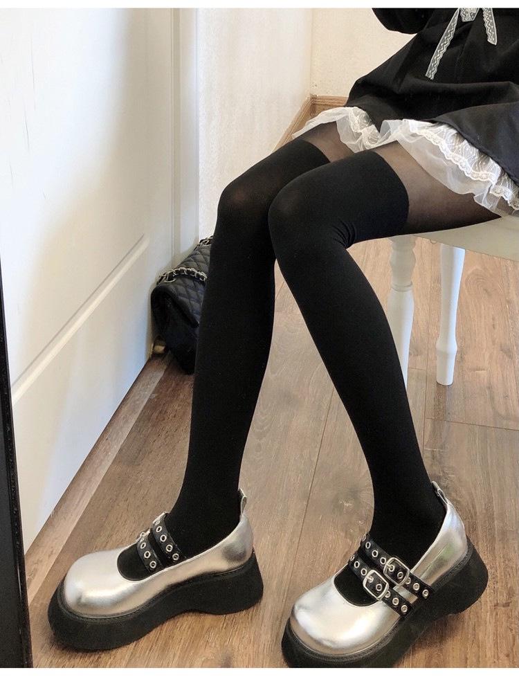 Women's Lolita Black Stockings: Spring/Autumn Over-the-Knee Patchwork Thigh-High, JK Pantyhose, Black & White