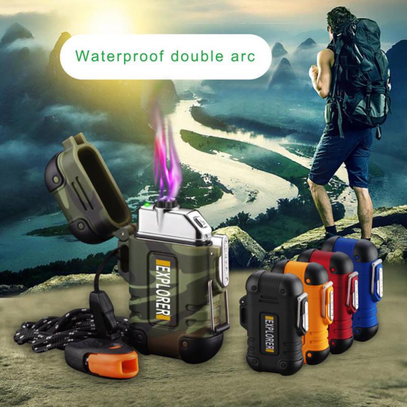 Waterproof Lighter With Lanyard USB Push-up Button Lighter Double-sided Point USB Rechargeable Lighter Electronic Arc Lighter