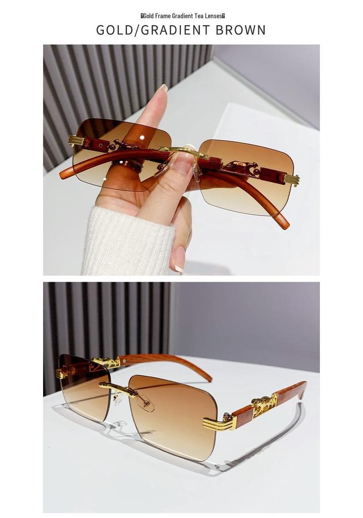 European Frameless Edge Cut Wood Grain Leopard Head Sunglasses: Unisex, Square Frame, Trendy for Driving