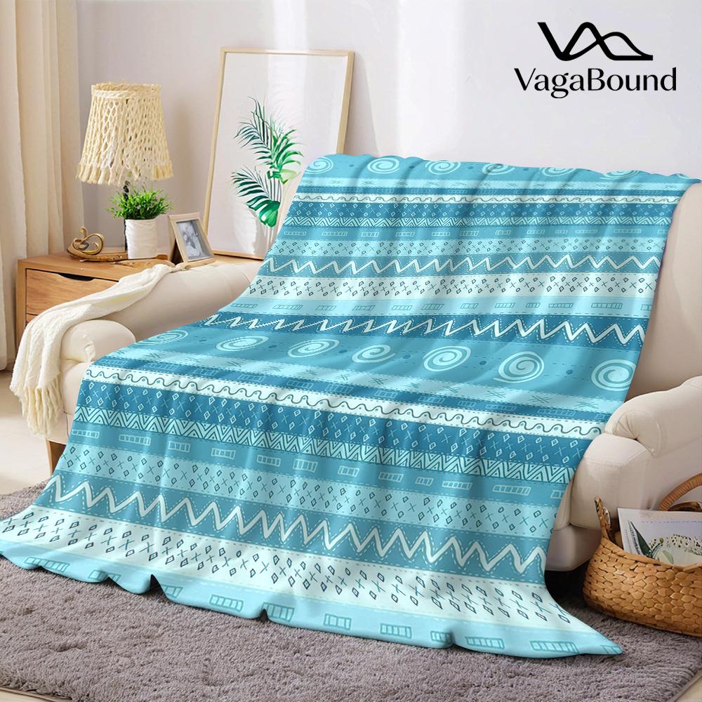 Blue Tribal Striped Patterns Flannel Blanket Warm Soft Halloween Christmas Couch Warm Cozy Decorative Decor Gift for All Season