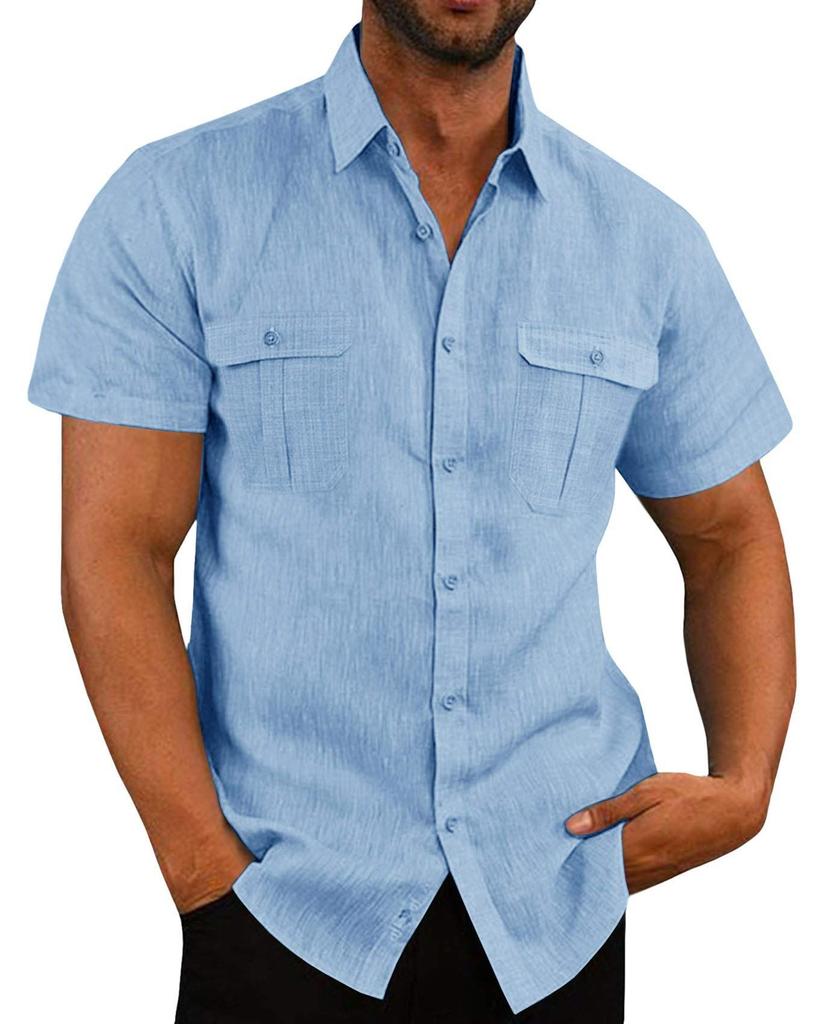 Heren Katoen Linnen Overhemden Korte Mouw Zomer Ademend Omgeslagen Kraag Casual Button-Down Shirt