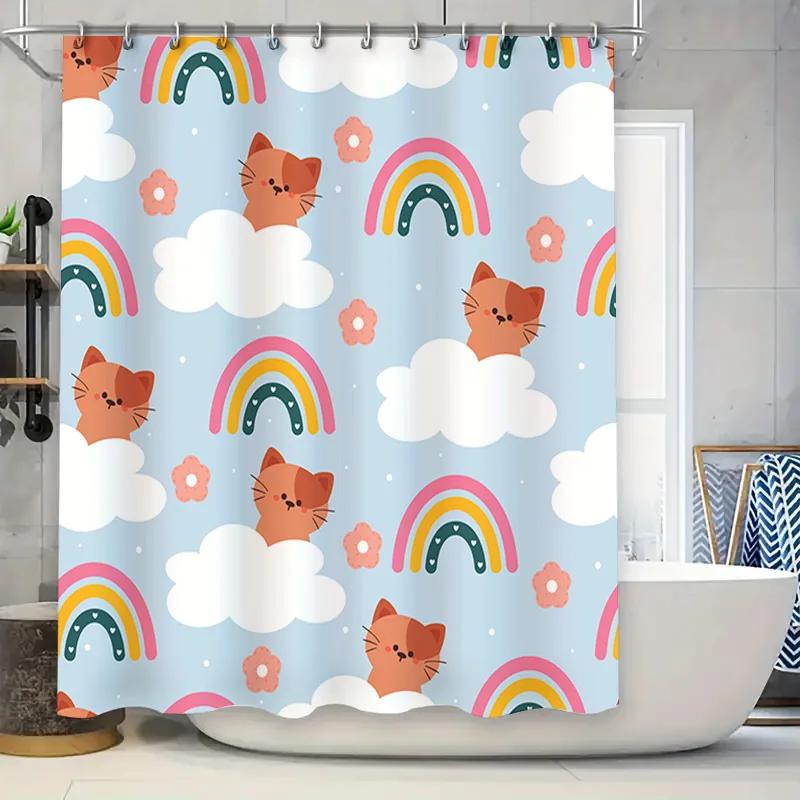 

Adorable Cats Rainbows Shower Curtain Blue White Clouds Fabric Waterproof Home Decor Bathroom Accessories for Kids Room Design 7 W90xH180cm