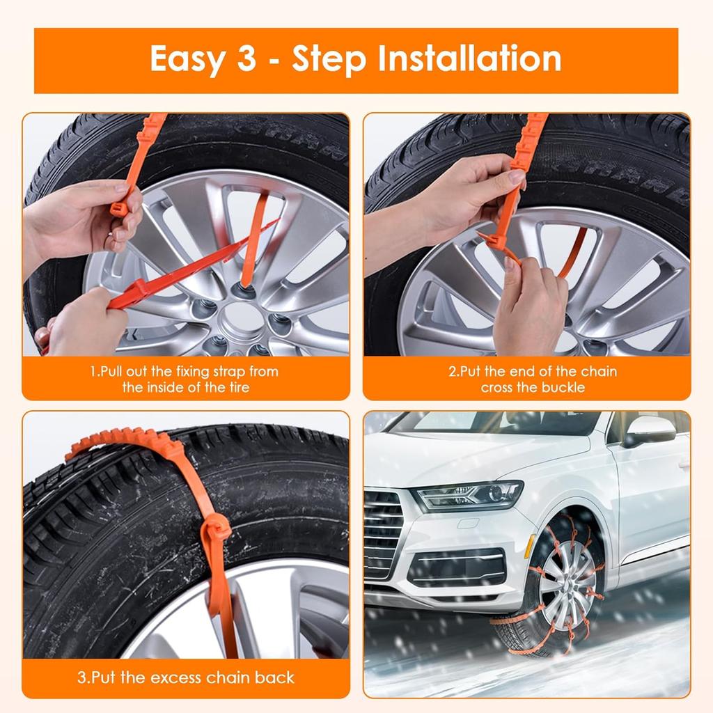 Qoosea Snow Cha Tire Cha For Car, Trucks, SUV Universal Emergency Snow Tire Cha, Adjustable Anti-Slip Tire Cables & Universal Fit (12 Pcs Orange