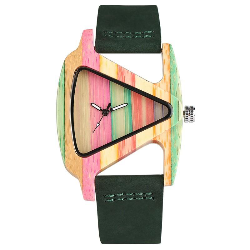 

Unique Colorful Wood Watch Creative Triangle Shape Dial Hour Clock Women Quartz Leather Bracelet Watch Women s Wrist Reloj Mujer