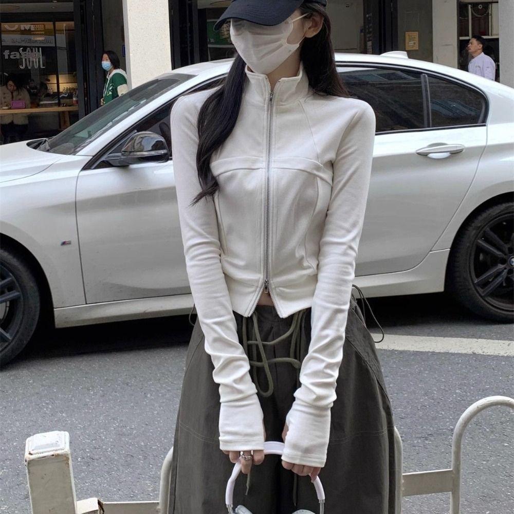Slim Fit Long Sleeve Shirt Stand-up Collar Crop Tops Women Casual Female Solid Sweatshirt  Women