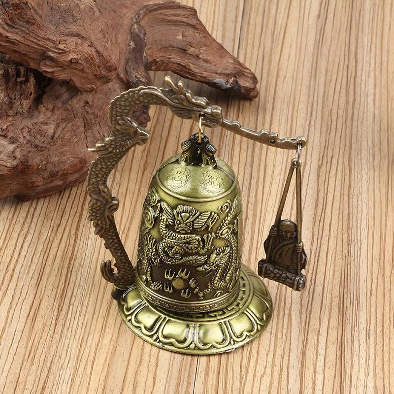 1Pc New Hot Selling Good Luck Feng Shui Ornament Home Decor Figurines Metal Bell Carved Dragon Buddhist Clock Home Decor Supply