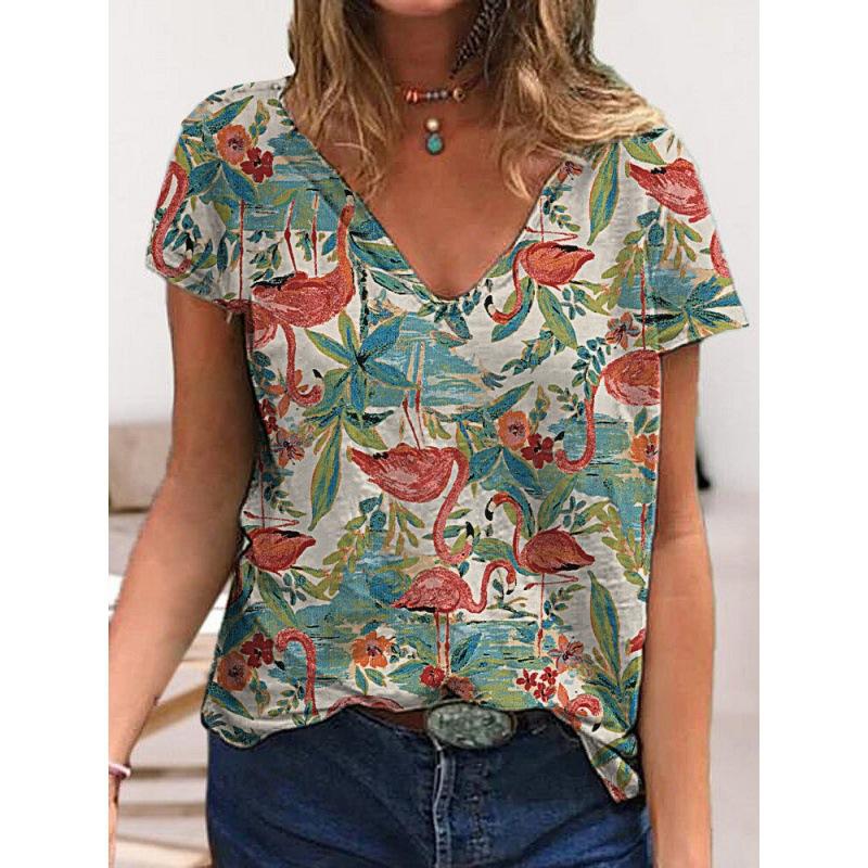 Summer V-neck 3D Flower Printed Top Fashionable Casual Short Sleeved Women's T-shirts