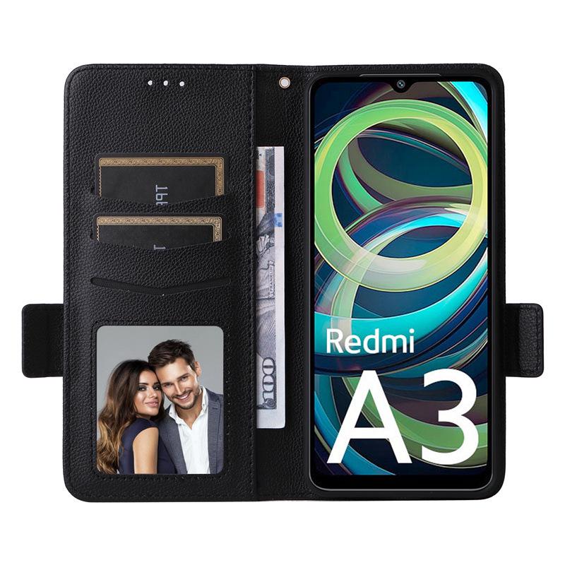 Redmi A3 Leather Phone Case with Card Holder & Lanyard - Cross-border Style