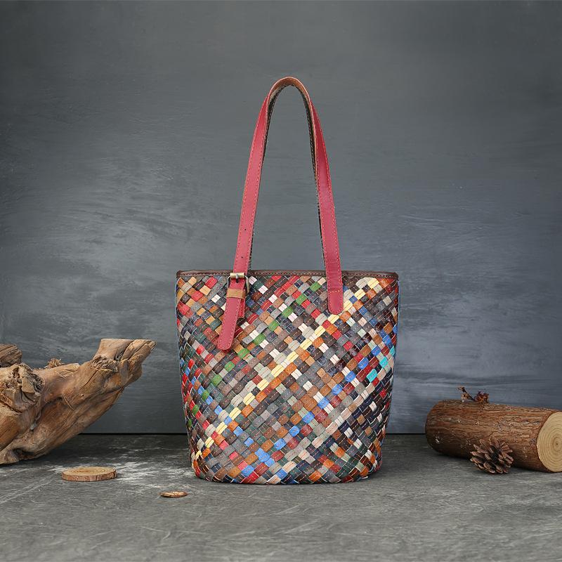 

Винтажная плетеная сумка-ведро из коровьей кожи, Универсальная сумка-тоут с цветными блоками, Высококлассная сумка на одно плечо разноцветный