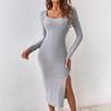 Autumn and winter new square collar waist irregular hem sexy long-sleeved dress female explosion