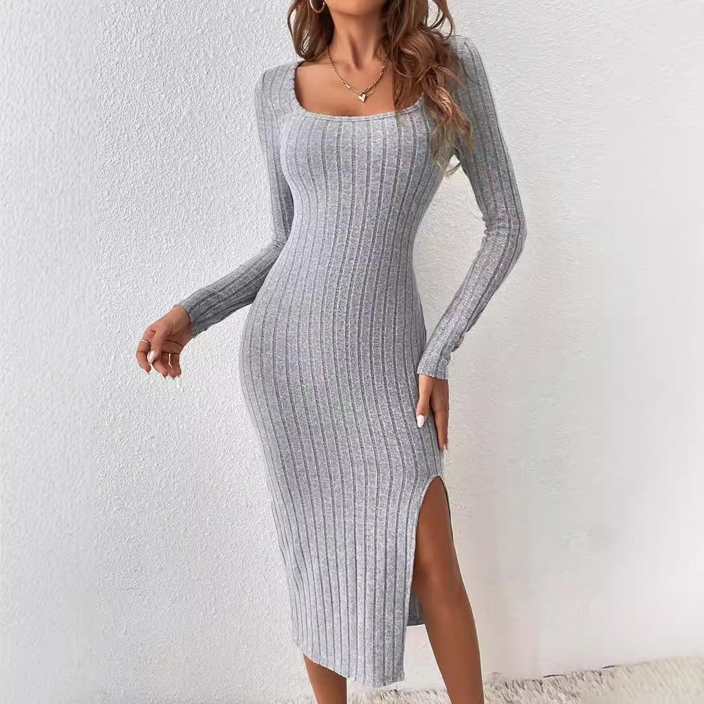 Autumn and winter new square collar waist irregular hem sexy long-sleeved dress female explosion