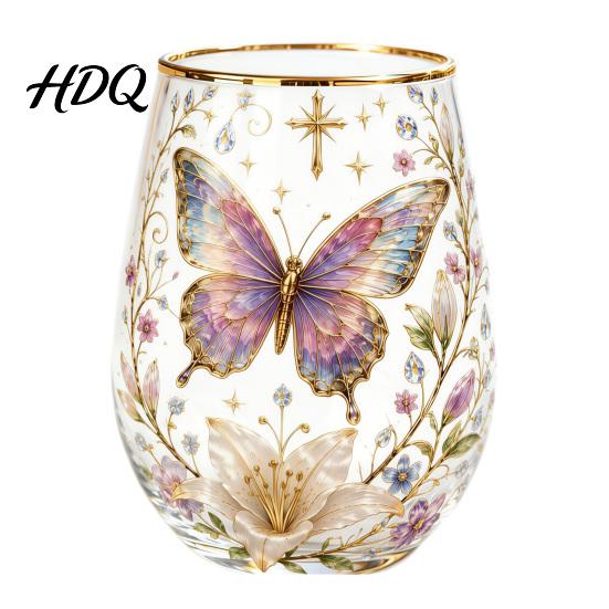 Hand-painted Glass Cup Hand Painted Tumbler Egg Shaped with Gold Rim Clear
