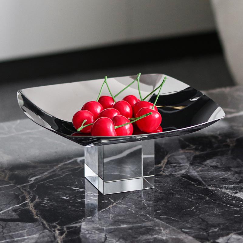 Minimalist Metal Square Fruit Bowl with Crystal Base for Dining or Coffee Tables