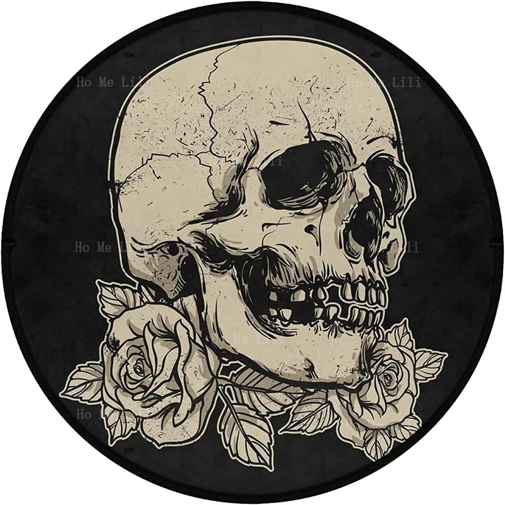 Skull Rose Flower Black Round Flannel Carpet Non-Slip Rug Washable Floor Mats For Kitchen Bedroom Living Room