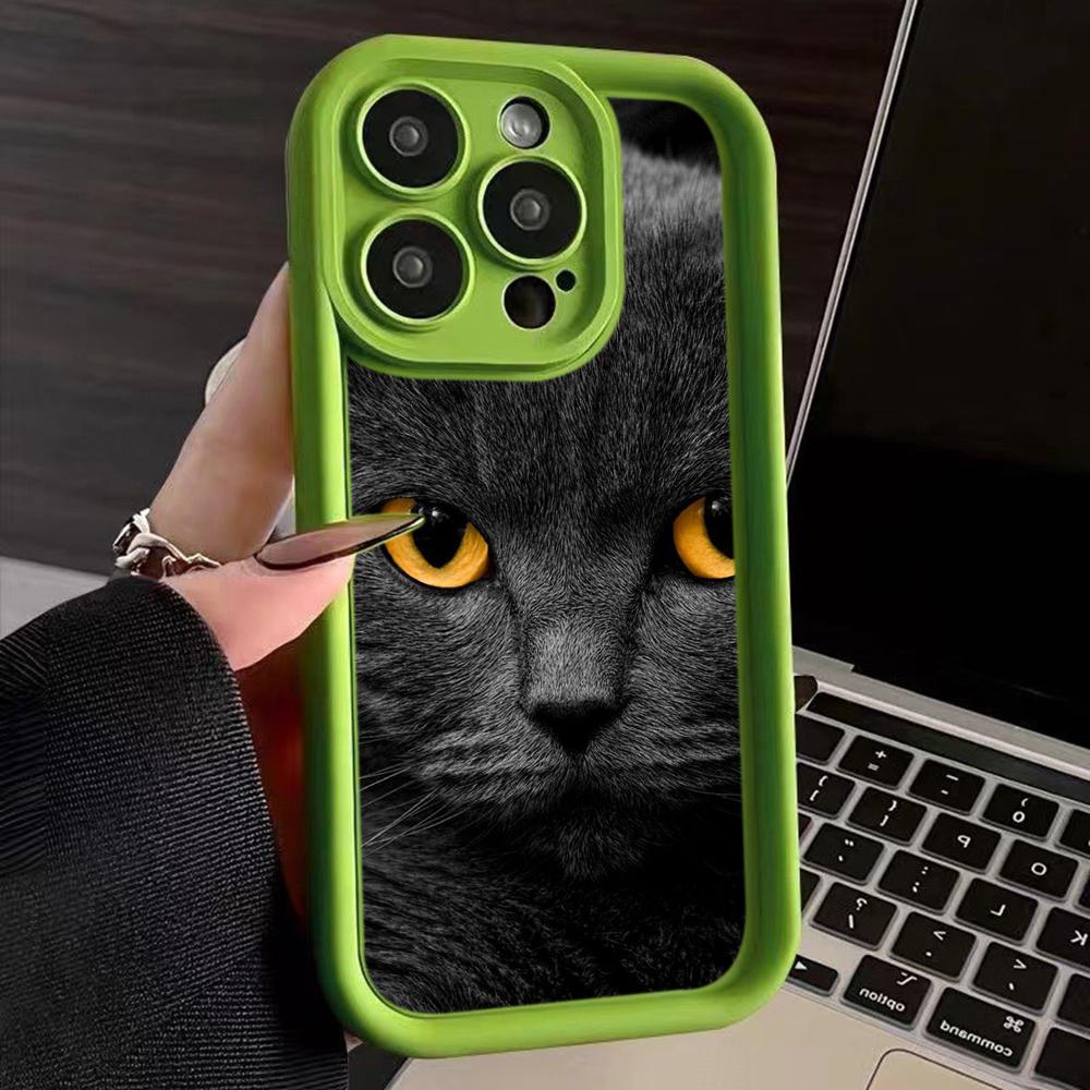 LZ3 Black Cat Green Eyes Silicone Phone Case for iPhone 11 13 14 15 16 Pro Max 7 8 16 Plus 12 mini XS Max XR Shockproof Back Cover