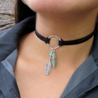 Vintage Silver Feather Pendant Necklaces Leather Choker Necklace Black Circle Collar Female Boho Party Neck Jewelry for Women