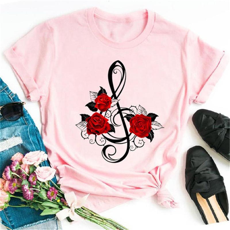 New Harajuku Women's T-shirt Fashion Creative Reose Musical Note Printed T Shirt Casual Shirt Short-sleeved Female Tshirt