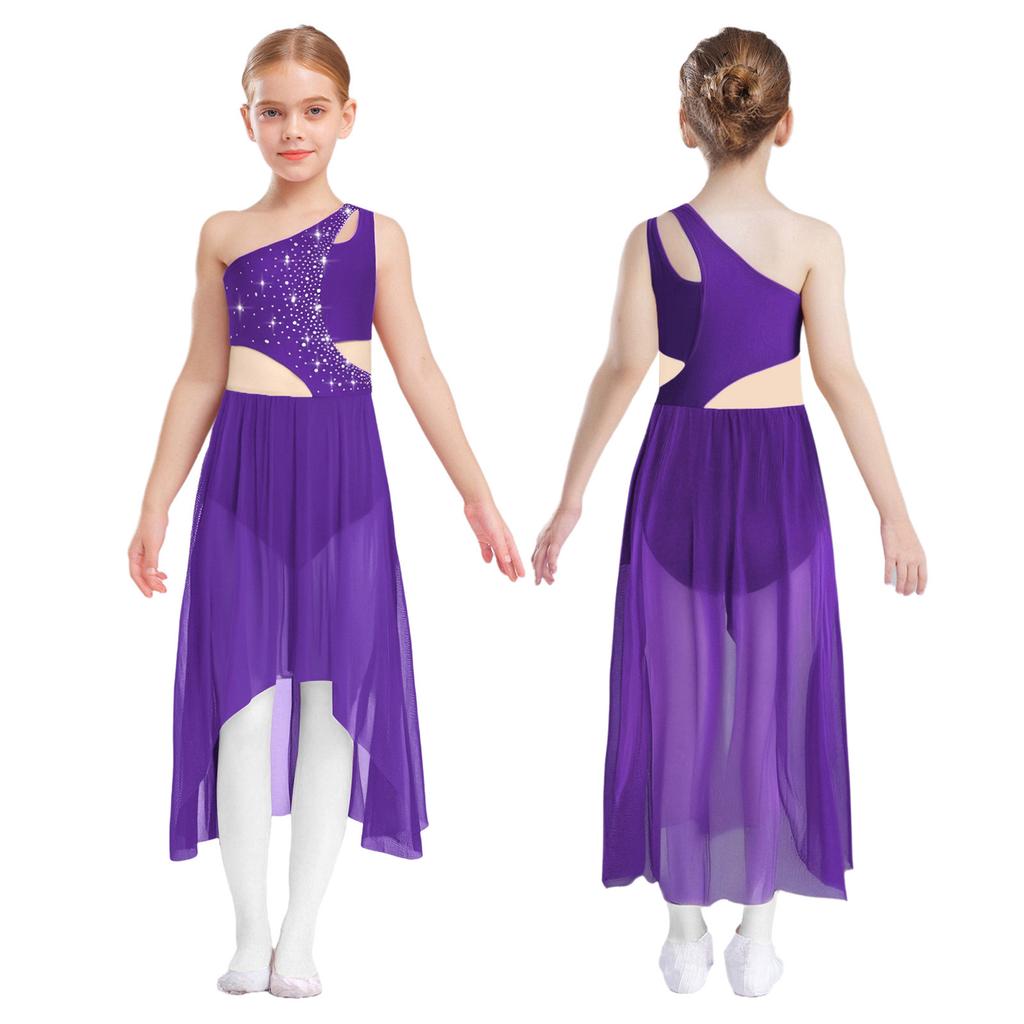 Girls Lyrical Dance Dress - Shiny Rhinestones One Shoulder Sleeveless Cutout with High-Low Flowy Mesh Skirt