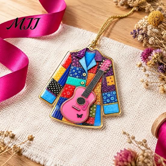 Artistic Guitar Hanging Decor Acrylic Christmas Ornament, Patchwork Jacket Butterfly Flat Pendant Tree Ornaments with Gold String for Wall Car, Music