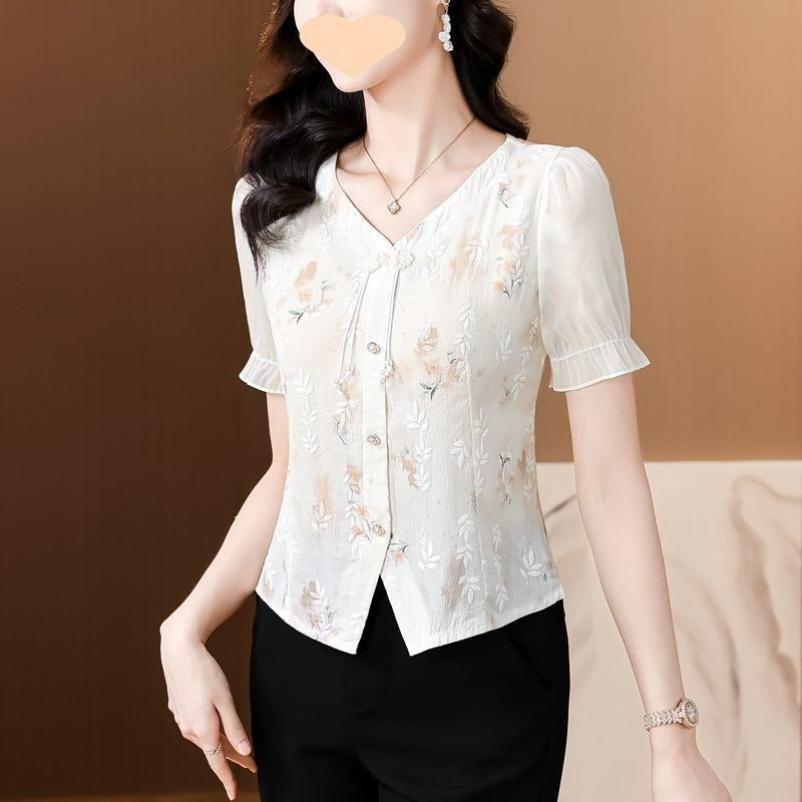 Mother's Chiffon Blouse, Summer Dress, Chinese Style, Short-sleeved Women's Blouse with A Sense of National Style Design