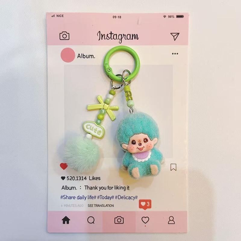 Resin Flocking Monchichi Keychain Cute Monkey Baby Trendy Keyring Cartoon Pendent Keys Bags Hanging Accessories Small Gifts